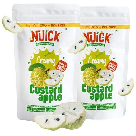 Nuick Freeze Dried Custard Apple Chunks | 23G Pouch | 100% Natural Fruit, No Preservative, No Added Sugar, Not Frozen | Nutritious And Crunchy Snacks For Kids And Adults
