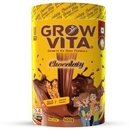 Grow Vita Growth Ka Naya Formula Delicious, Nutritious Malt Base Milk Food, Essential Nutrients Available, Flavours Drink. Chocolate Low Added Sugar Flavours. 400Gm