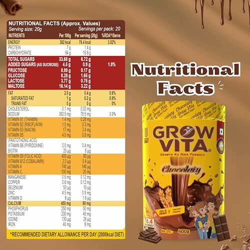 Grow Vita Growth Ka Naya Formula Delicious, Nutritious Malt Base Milk Food, Essential Nutrients Available, Flavours Drink. Chocolate Low Added Sugar Flavours. 400Gm