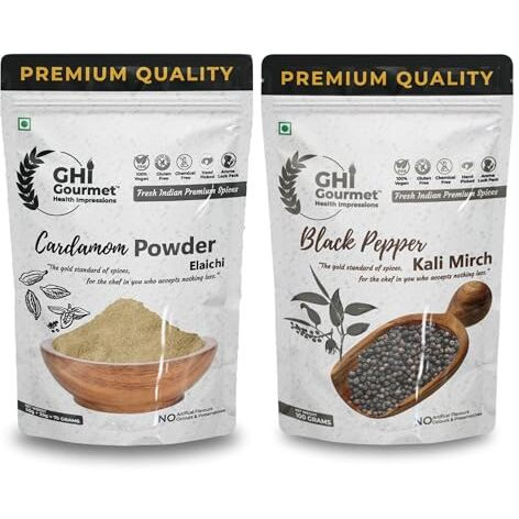 Gourmet Health Impressions Superior Grade Finely Grounded Cardamom Powder 75G And Tellicherry Whole Black Pepper 100G | Pack Of 2 Spices | Non Gmo, No Chemicals Or Preservatives | Net Weight 175G