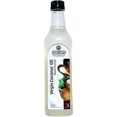 Zoukfarms Cold Pressed Virgin Coconut Oil - 1 Lit | 100% Pure, Unrefined, Edible & Cholesterol Free | Extraxted Using A1 Grade Coconuts| Rich In Nutrients | Anti- Imflammatory | Anti-Biotic| Ideal For Cooking & Dressings | Ideal Skin And Hair Application For Babies And Adults