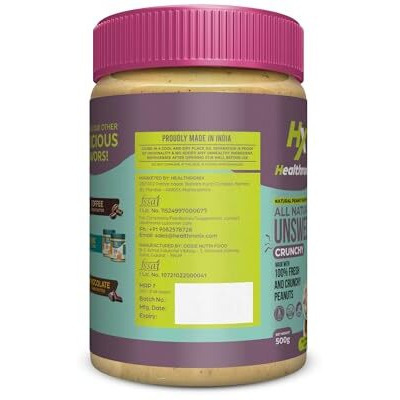 Healthronix All Natural Crunchy Peanut Butter 500G | 100% Roasted Peanuts | 30G High Protein 10G Dietary Fibre | Nut Butter Spread | No Added Sugar & Salt | No Palm Oil | Zero Cholesterol | Unsweetened Peanut Butter