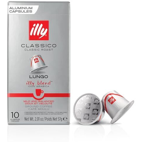 Illys Classico Lungo Aluminium Coffee Capsules, Classic Roast, Ground Coffee 100% Arabica, Mild And Balanced, 10 Capsules, 2.01 Oz/57G