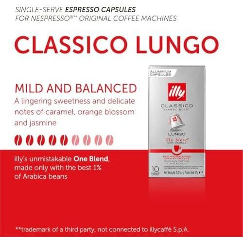 Illys Classico Lungo Aluminium Coffee Capsules, Classic Roast, Ground Coffee 100% Arabica, Mild And Balanced, 10 Capsules, 2.01 Oz/57G