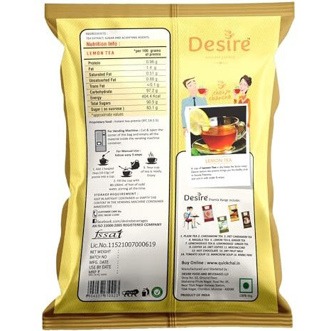 Desire Instant Premix Instant Ice Tea Lemon Flavor - Refreshing Taste - Can Enjoyed With Hot Or Cold Water - Natural Lemon Tea Premix (500G Serves 40 Cups, Pack Of 1)