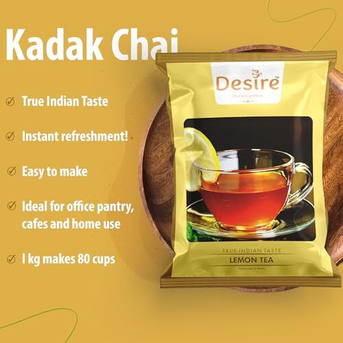 Desire Instant Premix Instant Ice Tea Lemon Flavor - Refreshing Taste - Can Enjoyed With Hot Or Cold Water - Natural Lemon Tea Premix (500G Serves 40 Cups, Pack Of 1)