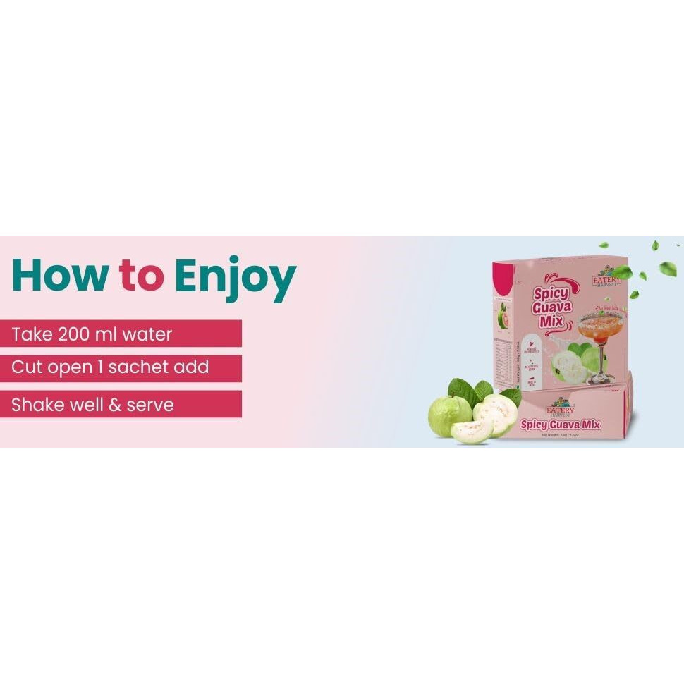 Eatery Harvest Spicy Guava Ready Premix 100 G(10 G*10 Sachets) Sugar Free, Diabetic Friendly, Cocktail Mocktail Mixer, Ready Drink Just Add Water, Spicy Guava Spritzer Mocktail, No Added Color, No Added Sugar, Vegan