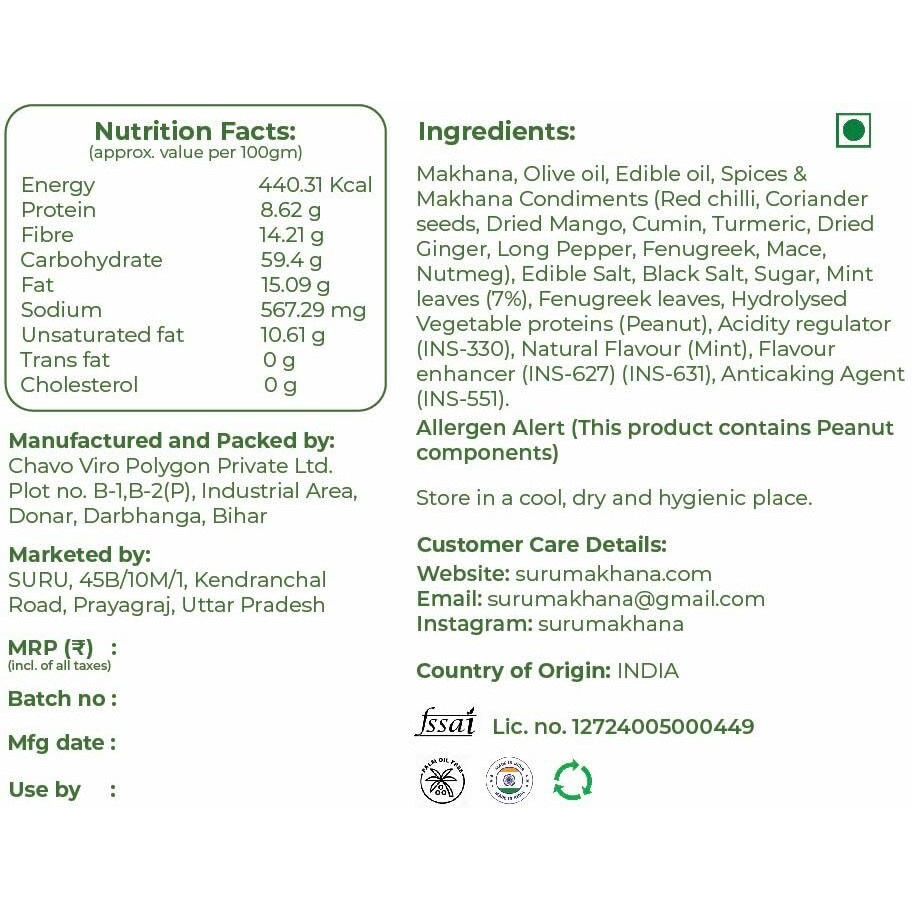 Suru Roasted Makhana Foxnuts, Zingy Pudina Flavour, Olive Oil Roasted, 90G Each (Pack Of 2)
