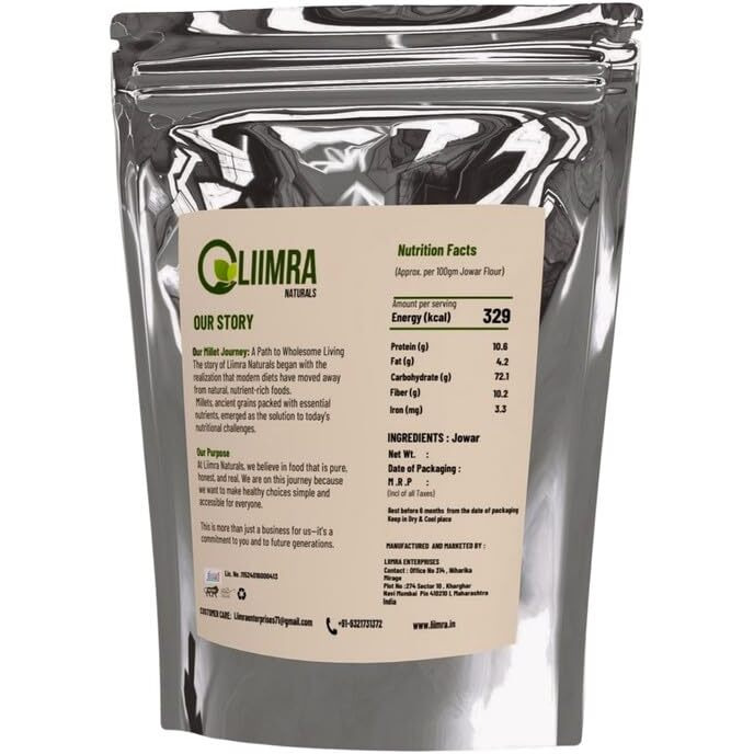 Liimra Naturals Sorghum Jowar Millet Flour - High Fiber, Protein-Packed, Low Gi, Gluten-Free,Mineral Rich, 100% Chakki Fresh Flour (500 Gram)