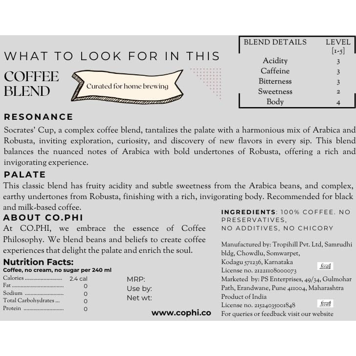 Co.Phi Socrates Cup, Shade Grown, Fresh Ground Specialty Coffee, 930G, (Aeropress), Medium Roast, Taste Notes - Almond, Hazelnut, Molassess, Washed Processing, No Chicory, Bag, Coffee Philosophy