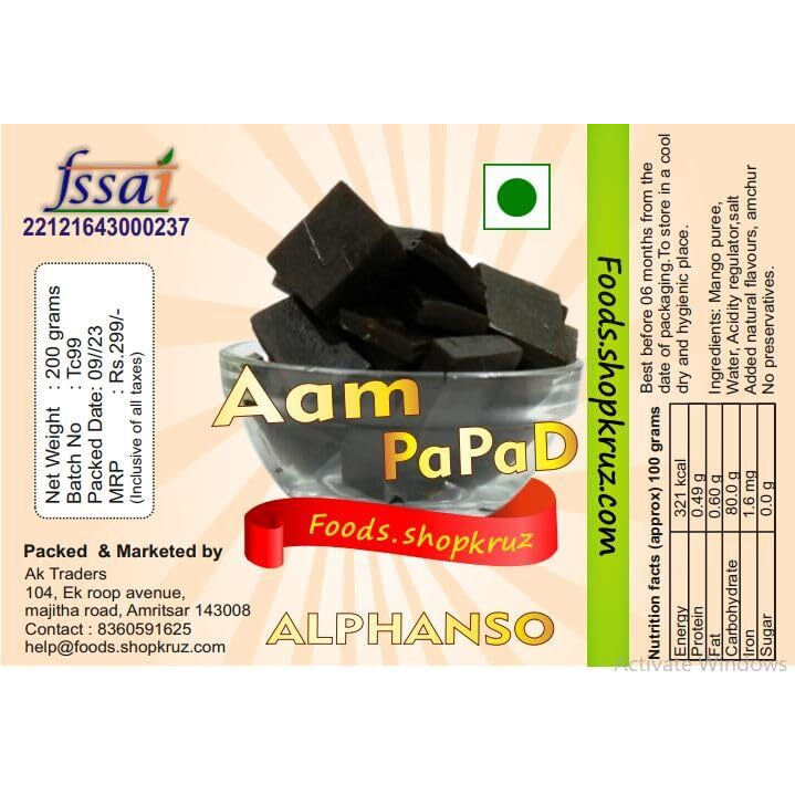 Foods.Shopkruz Black Alphanso Aam Papad 400 Grams Sour Aam Papad With Black Salt