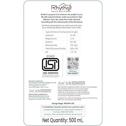 Rhythm Water - Purity Of Himalayas - Natural Mineral Water 500 Ml (24 Pack)