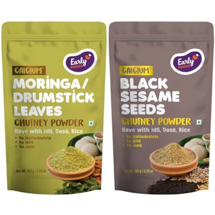 Early Foods  Pack Of 2 Black Sesame & Moringa Chutney Powder | South Indian Til Idli Chutney Powder | Drumstick Leaves Chutney Powder | Molaga Podi | Gunpowder Podi, Perfect For Idli Dosa Roti & Rice 150 Gms X 2