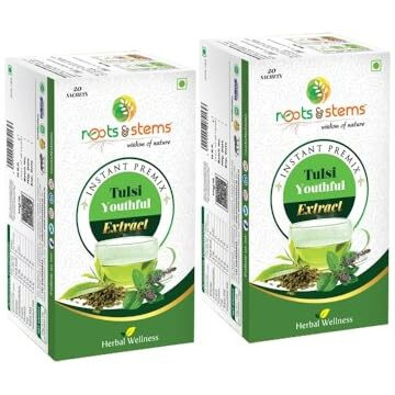Roots & Stems Tulsi Tea | Instant Premix Extract Powder With Probiotic Herbal Tea | For Cold, Cough & Immunity | 60G (3Gx20 Sachets) Pack Of 2