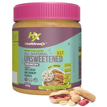 Healthronix All Natural Crunchy Peanut Butter 340G | 100% Roasted Peanuts | 30G Protein & 10G Dietary Fibre | Nut Butter Spread | No Added Sugar & Salt | Zero Cholesterol | Unsweetened Peanut Butter