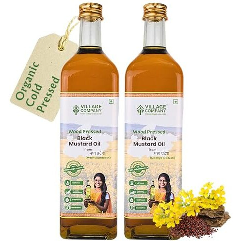 Village Company Cold Pressed Black Mustard Oil | Extra Virgin, Edible, Pure | Wood Pressed & Unrefined | Glass Bottle (1000 Ml_Pack Of 2)