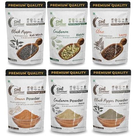 Gourmet Health Impressions Superior Grade Ghi Spices | Whole Black Pepper 100G | Whole Clove 50G | Whole Green Cardamom 8Mm+ 50G | Black Pepper Powder 75G | Cinnamon Powder 75G | Cardamom Powder 75G | Net Weight 425G