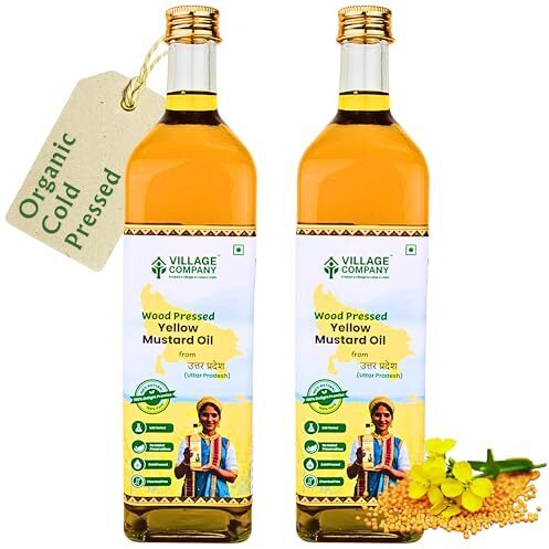 Village Company Cold Pressed Yellow Mustard Oil | Extra Virgin, Edible, Pure | Wood Pressed & Unrefined (1 Ltr (Pack Of 2), Cold Pressed Extra Virgin)