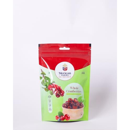 Merican Farms Premium Californian Dried Whole Cranberries 200Gm | Dried Fruit | No Fat And Low Calories | High Anti-Oxidants, Dietary Fiber & No Gluten | Healthy Snacks