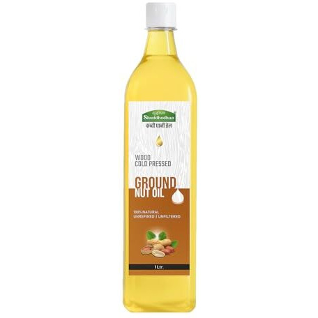 Shuddhodhan Natural Wood Cold-Pressed Ground Nut Oil 1 Litre Cooking Oil 100% Pure Unrefined/Unfiltered High Smoke Point Kachi Ghani/Kolhu/Mara Chekku Rich Aroma And Flavor Of Real Peanut Oil