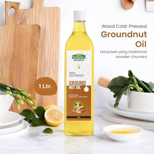 Shuddhodhan Natural Wood Cold-Pressed Ground Nut Oil 1 Litre Cooking Oil 100% Pure Unrefined/Unfiltered High Smoke Point Kachi Ghani/Kolhu/Mara Chekku Rich Aroma And Flavor Of Real Peanut Oil