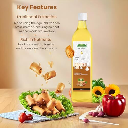 Shuddhodhan Natural Wood Cold-Pressed Ground Nut Oil 1 Litre Cooking Oil 100% Pure Unrefined/Unfiltered High Smoke Point Kachi Ghani/Kolhu/Mara Chekku Rich Aroma And Flavor Of Real Peanut Oil