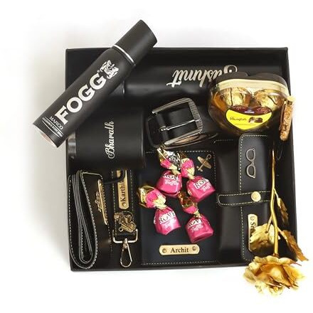 Atrum Shutrum Customized Mens Gift Hamper Set With Water Bottle, Passport Cover, Pen, Men Wallet, Sunglasses Cover, Keychain, Men Deodorant, Golden Rose, Chocolates With Coffee Mug And Belt (Black)