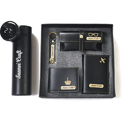 Atrum Shutrum Customized Mens Gift Hamper Set With Water Bottle, Passport Cover, Pen, Men Wallet, Sunglasses Cover, Keychain, Men Deodorant, Golden Rose, Chocolates With Coffee Mug And Belt (Black)