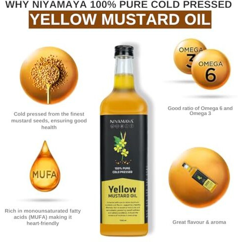 Niyamaya Yellow Mustard Oil- 1000Ml | A1 Grade 100% Wood Pressed Healthy Cooking Oil | Kolhu, Chekku, Kacchi Ghani Mustard Oil | Omega 3 | Natural Till Tel Rich In Mufa
