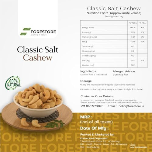 Salted Cashew Nuts - Premium Roasted And Salted Cashews With Rich, Buttery Flavor And Crunchy Texture Kokan Kaju Healthy Snacks - Lightly Salted Cashew Dry Fruits For A Perfect Savory And Sweet Snack (500 Gm)