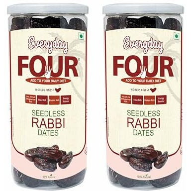 Everyday Four Seedless Rabbi Dates | 800G Natural Dried Dates | Rabbi Dates Khari Foods | No Added Sugar, Gluten Free Khajoor | Healthy Snacks, Dry Fruits For Daily Diet(Pack Of 2, 400G Each)