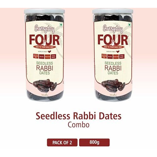 Everyday Four Seedless Rabbi Dates | 800G Natural Dried Dates | Rabbi Dates Khari Foods | No Added Sugar, Gluten Free Khajoor | Healthy Snacks, Dry Fruits For Daily Diet(Pack Of 2, 400G Each)