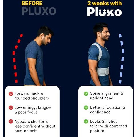 Pluxo Posture Corrector For Women And Men  Adjustable Posture Corrector Belt For Back Support, Spine Alignment & Pain Relief  Comfortable & Lightweight For Relaxed Use | Waist Size 28-42 Inches