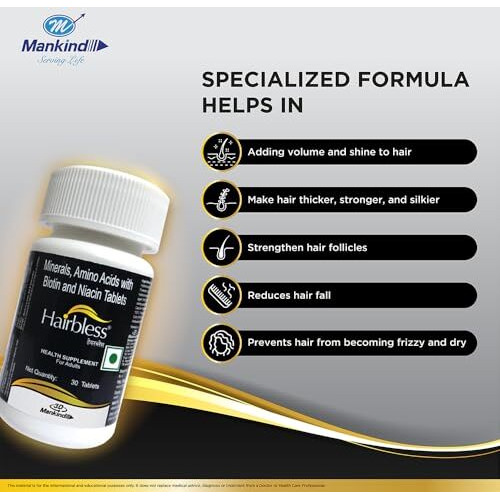 Mankind Hairbless Hair Supplement | With Biotin And Niacin | Gluten Free | Amino Acid, Minerals And Vitamins | Enriched With L-Cystiene | 30 Tablets