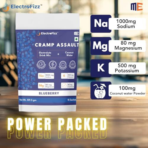 Electrofizz Zero-Sugar Electrolyte-Cramp Assault-Hydration Powder | Prevents & Relieves Muscle Cramps | Muscle Function & Electrolyte Balance | Added Coconut Water Powder- (15 Sticks, Blueberry)