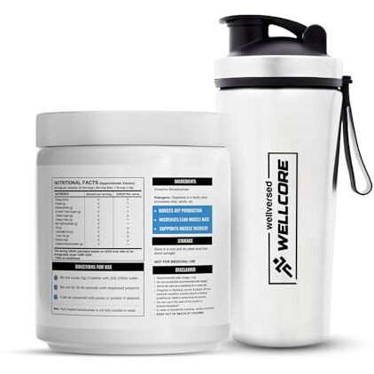 Wellcore - Micronised Creatine Monohydrate (83 Servings, Unflavoured) + Premium Steel Shaker | Enhanced Muscle Growth & Fast Recovery | Trustified Certified