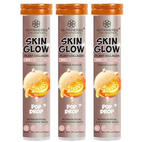 Nutriherbs Skin Glow With L-Glutathione Effervescent Tablets | Plant Based Collagen Booster & Vitamin C Supplement For Radiant Skin & Hair