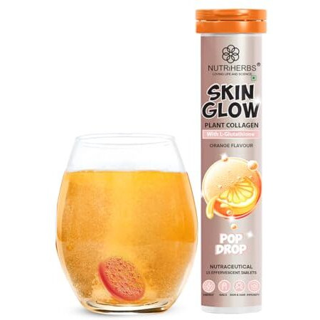 Nutriherbs Skin Glow With L-Glutathione Effervescent Tablets | Plant Based Collagen Booster & Vitamin C Supplement For Radiant Skin & Hair (15 Tablets, Zesty Orange)