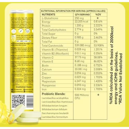 Nutriherbs Skin Glow With L-Glutathione Effervescent Tablets | Plant Based Collagen Booster & Vitamin C Supplement For Radiant Skin & Hair (15 Tablets, Lemon Burst)