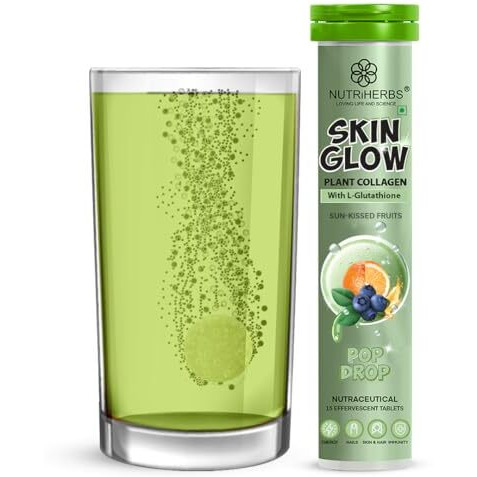Nutriherbs Skin Glow With L-Glutathione Effervescent Tablets | Plant Based Collagen Booster & Vitamin C Supplement For Radiant Skin & Hair (15 Tablets, Sun-Kissed Fruits)