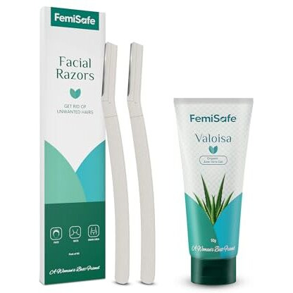 Femisafe Women's Facial Razor & Valoisa Aloevera Gel | Easy, Safe & Painless Hair Removal | For Facial Hair & Bikini Area | Soothes Body & Moisturizes Skin After Shave (Pack Of 2 Razors+Aloe Gel)