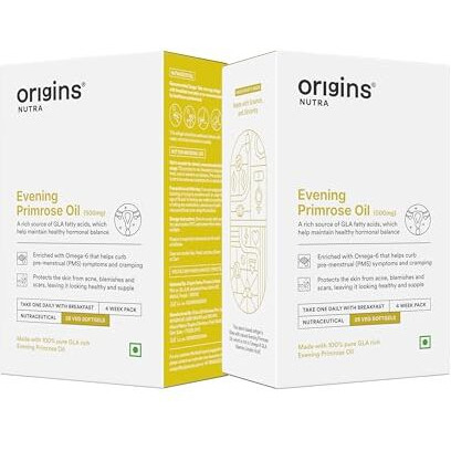 Origins Nutra Evening Primrose Oil | Supports Hormonal Balance, Lowers Pms Symptoms, Improves Skin Health| Evening Primrose Oil | Gmp Certified | For Men & Women | 28 Veg Soft Gels Pack Of 2