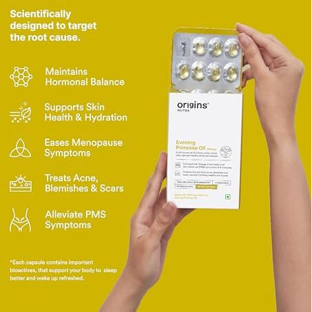 Origins Nutra Evening Primrose Oil | Supports Hormonal Balance, Lowers Pms Symptoms, Improves Skin Health| Evening Primrose Oil | Gmp Certified | For Men & Women | 28 Veg Soft Gels Pack Of 3