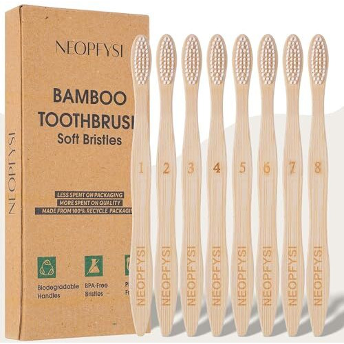 Neopfysi Bamboo Toothbrush | Eco-Friendly Wooden Handle | Biodegradable, Bpa-Free Bristles | Natural Compostable Oral Care For Adults | Sustainable & Stylish Toothbrush (Wooden, (Pack Of 8))