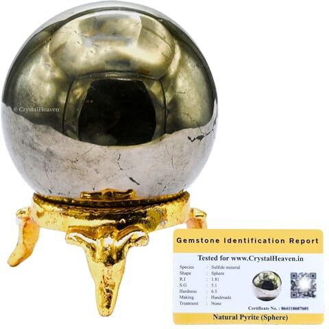 Certified Pyrite Crystal Ball For Meditation - Premium Crystal Vastu Items For Home And Feng Shui Items For Good Luck - Ideal For Pooja Supplies And Spiritual Practices (1.5" Inch)