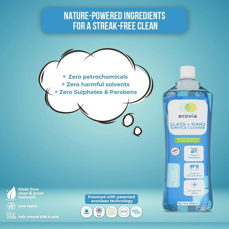 Ecovia Glass And Hard Surface Cleaner (900 Ml) | Streak-Free Shine For Windows, Mirrors, Car Windshield, Appliances & More | Plant Based Formula | Multi Surface Liquid Cleaning