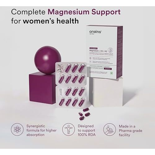 Origins Nutra Magnesium + D3 + K2-7 For Women | Supports Bone Health, Hormonal Balance, And Migraine Relief | Eases Leg Cramps | Five Magnesium Salts, Noval Vitamin K2-7, Vitashine D3 | Gmp Certified | 56 Veg Capsules