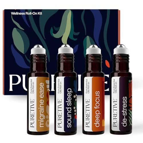 Puretive Daily Wellness Roll-On Kit  Set Of 4 Aromatherapy Essential Oil Roll-Ons | Portable Wellness Gift For Friends & Family | Relaxation, Focus & Sleep | Premium Packaging