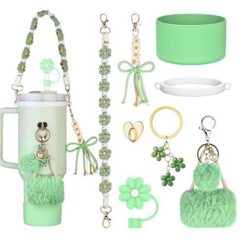 Hasthip For Stanley Cup 40Oz/30Oz Fashion Accessories & Charm Kit Set Of 8Pcs Stanley Cup Accessories Crochet Bottle Hand Strap Flower Straw Cap, Decorative Charm, Silicone Bottom Boot