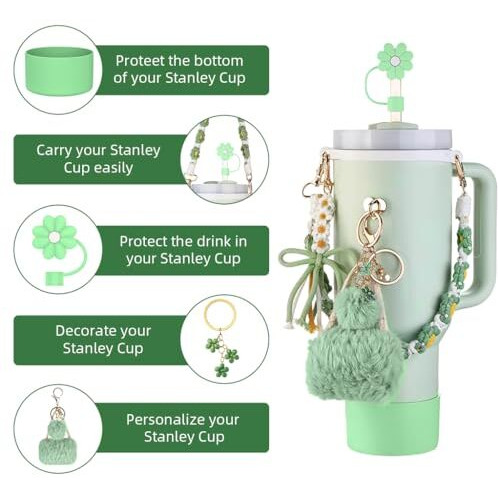 Hasthip For Stanley Cup 40Oz/30Oz Fashion Accessories & Charm Kit Set Of 8Pcs Stanley Cup Accessories Crochet Bottle Hand Strap Flower Straw Cap, Decorative Charm, Silicone Bottom Boot